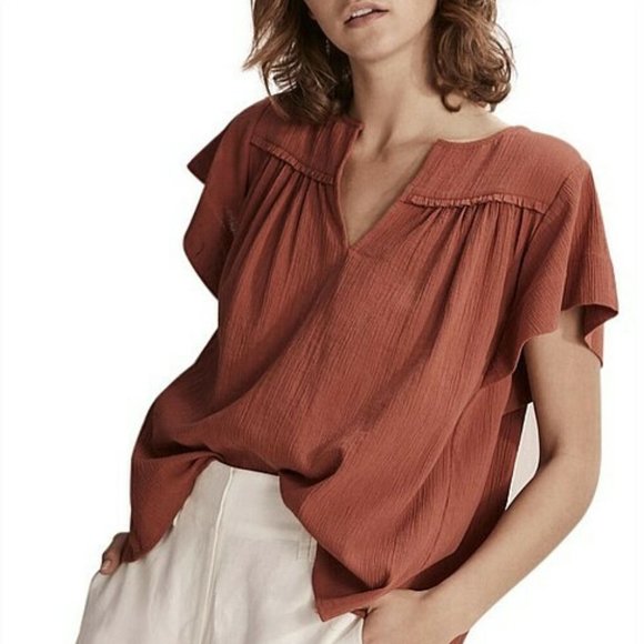 COUNTRY ROAD Crinkle Popover Crepe Cotton Rust Top Blouse - Picture 9 of 16